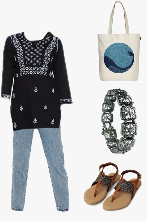 Black Short Kurti, Indian College Outfits, Desi Kurti, Kurti Aesthetic, Indian Outfit Ideas, Kurti With Jeans, Cotton Short Tops, Tote Bag Outfit, Tunic Kurti