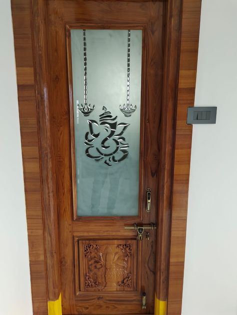 Single Door Pooja Room Design, Pooja Room Single Door Design, Pooja Room Glass Door Designs, Puja Room Design Indian, Puja Door, Jerry Quotes, Temple Glass, Arch Designs For Hall, Wood Glass Door