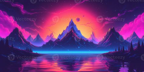 Aesthetic mountain synthwave retrowave wallpaper with a cool and vibrant neon design, AI Generated Retrowave Wallpaper, Neon Design, Tree Saw, Cityscape Photos, Logo Banners, Nature Backgrounds, Free Vectors, Marketing Design, Custom Illustration