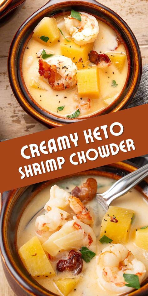 This low carb Shrimp Chowder is hearty and satisfying. Full of tender shrimp and crisp bacon, it's the perfect keto comfort food for a chilly evening. Ready in 30 minutes! Shrimp Chowder Recipe, Shrimp Chowder, Keto Shrimp, Finding Strength, Breakfast Low Carb, Chowder Recipe, Low Carb Soup, Best Diet Plan, Chowder Recipes