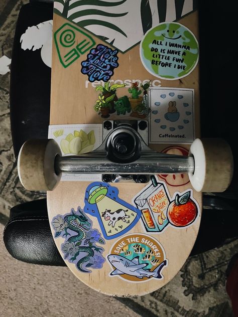 #skateboard #stickers #cute #cool Cute Skateboards, Skateboard Aesthetic Design, Stickers On Skateboard, Skateboard Stickers Aesthetic, Skateboard With Stickers Aesthetic, Skate Board Stickers Aesthetic, Skateboard With Stickers, Sticker Skateboard, Cool Skateboard Griptape Designs