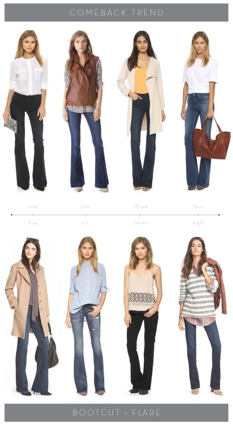 Comeback Trend: Bootcut + Flare Jeans Flare Vs Bootcut Jeans, Bootcut Slacks Outfit, Flare Jeans Cowboy Boots Outfit, Bootcut Jeans Outfit Midsize, High Rise Bootcut Jeans Outfit, Flare Jeans With Heels, Flare Jeans With Boots, Jeans And Jumper Outfit, Jeans And Cowboy Boots Outfit