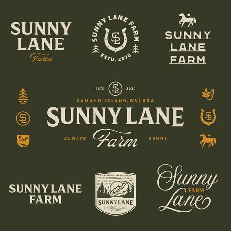 The visual identity for Sunny Lane Farm on Camano Island, USA. From small gatherings to grand events, this beautiful located place is set… | Instagram Homestead Branding, Country Brands, Farm Logo Inspiration, Website Branding Inspiration, Outdoor Branding, Bison Logo, Camano Island, Logotype Typography, Identity Design Inspiration