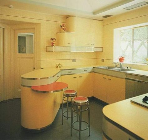 60s Kitchen Remodel, 50s Interior, Aesthetic 60s, Yellow Kitchen Cabinets, 50s Home, 60s Kitchen, 60s House, Deco Kitchen, Art Deco Kitchen