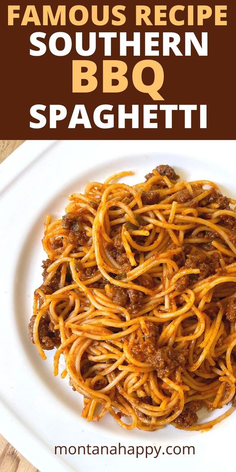 THE BEST BBQ Spaghetti Recipe | Montana Happy Bbq Beef Pasta, Southern Ground Beef Recipes, Ground Beef And Bbq Sauce, Bbq Spaghetti, Southern Bbq, Southern Recipe, Homemade Bbq Sauce, Dinner Pasta, Baked Recipes