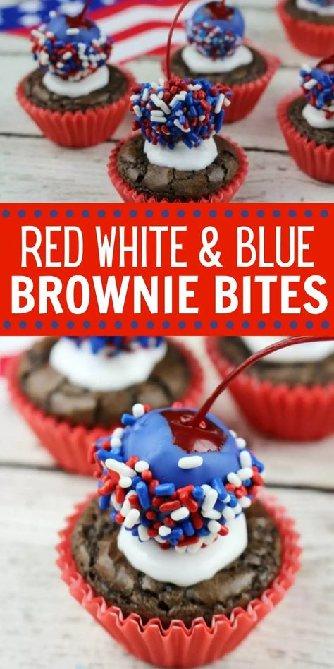 You have to make these 4th of July Brownies. These look like little firecracker bombs and they are one of my favorite patriotic desserts. These 4th of July Brown Bites are easy to make and delicious too. These red white and blue patriotic brownies are festive and fun! Everyone will love these Red White and Blue Brownie Bites. #eatingonadime #patrioticdesserts #browniebites #redwhiteandbluedesserts 4th Of July Brownies, 4th Of July Food Ideas, July Food Ideas, 4th July Food, 4th Of July Food, Brownie Bites Recipe, Patriotic Treats, July 4th Party, Eating On A Dime