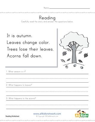 Autumn Reading Comprehension Worksheet Autumn Worksheets For Kids, Autumn Worksheet, Worksheets For 2nd Grade, Writing Kindergarten, Free Reading Comprehension Worksheets, Autumn Reading, Seasons Worksheets, Fall Worksheets, Reading Materials