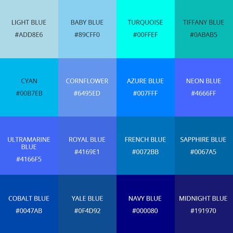 Color Meaning Personality, Blue Color Meaning, Blue Hex Code, Shades Of Blue Color, Blue Color Pallet, Color Names Chart, Blue Shades Colors, Color Symbolism, Blue Names