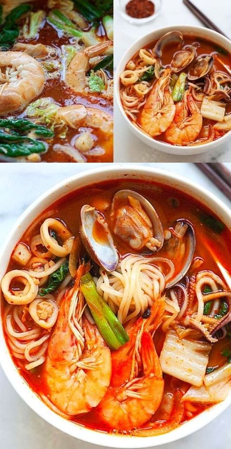 Shrimp Korean Recipes, Soup Korean, Korean Seafood, Koreansk Mad, Soup With Shrimp, Seafood Soup Recipes, Yummy Noodles, Spicy Soup, Takeout Food