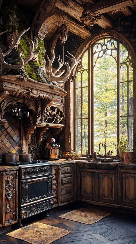 Fantasy kitchen with wooden decor, antlers, moss, ornate cabinets, vintage stove, and a view of an enchanted forest. Dark Forest Decor, Hobbit House Decor, Fairytale Kitchen, Cottage Core Interior Design, Cottage Core Interior, Earthy Homes, Steampunk Coffee, Cozy English Cottage, Fantasy Kitchen