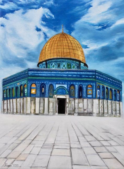 Painting Of Mosque, Masjid Al Aqsa Painting, Al Aqsa Mosque Painting, Dome Of The Rock Painting, Mosque Painting, Painting Islamic, Islamic Mosque, Easy Graffiti, Easy Graffiti Drawings