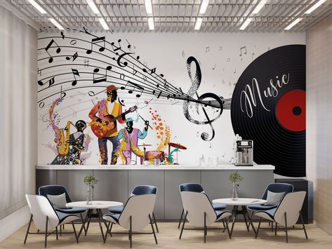 Music Stage Decorations, Music Mural Ideas, Music Room Mural, Music Murals Ideas Wall Art, Wall Painting Ideas Cafe, Music Wall Art Ideas, Cafe Wall Art Creative, Musical Mural, Music Wall Painting