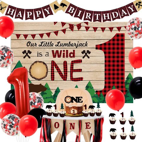 PRICES MAY VARY. What You Will Get: Lumberjack 1st birthday decorations include 1 lumberjack happy birthday banner, 1 “One Little Lumberjack is a Wild One” lumberjack backdrop 3*4 ft, 1 lumberjack “ONE” high chair banner, 1 lumberjack “ONE” cake topper, 12 bear tree cupcake toppers, 14 latex balloons 12 inches and 1 number “1” foil balloon 32 inches. Good Quality: The one banner is made of light weight burlap and hand-strung on a string; lumberjack birthday balloons are made of high quality late Bear 1st Birthday Party Boy Amazon.com, Lumberjack Birthday Games, Lumberjack Birthday Party Games, Winter Onederland Birthday Party Boy, Buffalo Plaid First Birthday, Buffalo Plaid Birthday, Lumberjack First Birthday, First Birthday Winter, Winter Onederland Birthday Party