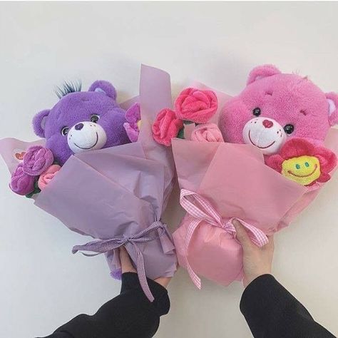 Carebear Bouquet, Care Bears Bouquet, Stuff Animal Bouquet, Care Bear Bouquet, Flower Bouquet With Stuffed Animal, Stuffed Animal Bouquet, Plushie Bouquet, Baby Pink Aesthetic, Bouquet Gift