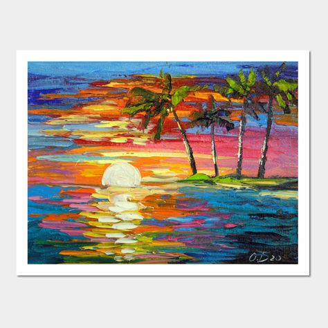 Dawn and palm trees oil painting on canvas, unframed, as the edges are painted with 100% handmade palette knife and high-quality oil, for the interior or as a gift. It will decorate your interior and will delight you and your family for a long time. -- Choose from our vast selection of art prints and posters to match with your desired size to make the perfect print or poster. Pick your favorite: Movies, TV Shows, Art, and so much more! Available in mini, small, medium, large, and extra-large dep Abstract Palm Tree, Beachy Paintings, Palm Trees Art, Sunset And Palm Trees, Palm Tree Island, Surf Painting, Palm Trees Painting, Trees Art, Palm Tree Art