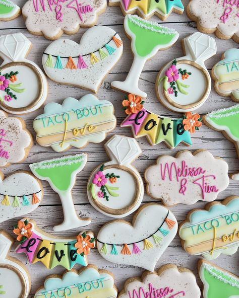 Fiesta Bridal Shower Cookies 🪅 love these colors! This set was fun to create #customcookies #customsugarcookies #cookies #sugarcookies #royalicingcookies #royalicing #royalicingart #sugarcookieart #sugarcookieartist #sugarcookiedecorator #sugarcookiedesigns #bridalshowercookies #fiesta #fiestabridalshower #fiestatheme #bridetobe #bridalshower #tacoboutlove #margarita #cottagebakery #njsmallbusiness #njbaker #njcookies Fiesta Bridal Shower Cookies, Fiesta Cookies, Bachelorette Party Cookies, Final Fiesta Bachelorette, Cookies Love, Engagement Cookies, Fiesta Bridal Shower, Bachelorette Party Weekend, Bridal Shower Cookies