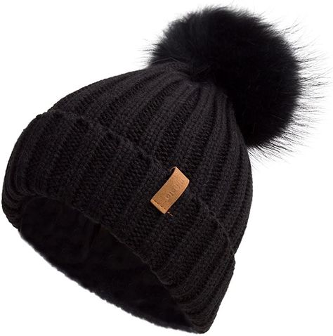 Pilipala Women Winter Knitted Beanie Hat with Fur Pom Bobble Hat Skull Beanie(Black,B) at Amazon Women’s Clothing store Skull Beanie, Knitted Beanie Hat, Bobble Hat, Beanie Hats For Women, Bobble Hats, Black Beanie, Knitted Beanie, Winter Hats Beanie, Stylish Hats