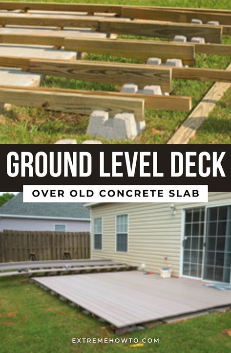 Learn how to transform your patio slab into a low deck with our easy-to-follow guide. Discover the benefits of building a ground level deck off the back of your house and explore different deck ideas for your outdoor space. Create a stylish and functional floating deck that complements your home's architecture and adds value to your property. Deck Over Patio, Cheap Deck Ideas, Deck Off Back Of House, Low Deck Designs, Deck Over Concrete, Ground Deck, Ground Level Deck, Building A Floating Deck, Easy Deck