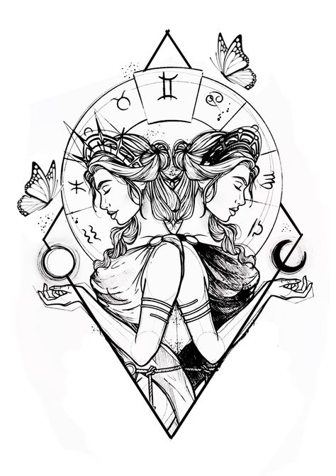 Zodiac Women Art, Gemini Arm Tattoo, Gemini Art Drawing, Gemini Tattoo For Women Unique, Gemini Symbol Art, Capricorn Tattoo Ideas For Women, Astro Tattoo, Gemini Tattoo Ideas, Geometric Line Tattoo