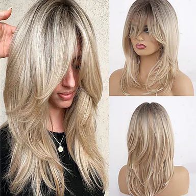 Blonde Wigs for Women Cosplay Costume Wig Wavy Middle Part Wig Long Curly Blonde Synthetic Hair Blonde 2022 - AU $21.98 Blond Pony, Layered Haircuts Shoulder Length, Bangs Wavy, Bangs Wavy Hair, Silver Wigs, Long Blonde Wig, Hair Blond, Blonde Wigs, Natural Wigs