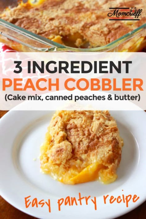 Easly and delicious three ingredient peach cobbler. Grab a cake mix, canned peaches, some butter and you are ready to make this! Easy Peach Cobbler Recipe 3 Ingredients, Quick Peach Cobbler 3 Ingredients, 3 Ingredient Peach Cobbler, Cobbler Desserts, Oreo Lasagna, Peach Cobbler Cake, Cake Mix Cobbler, Cherry Cobbler Recipe, Easy Peach Cobbler Recipe