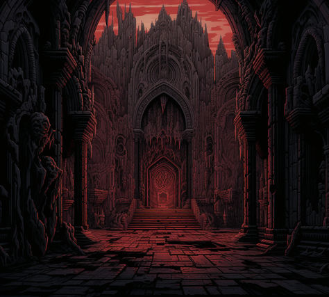 detroit rood screenshot, in the style of pixel art, octavio ocampo, gothic dark and ornate, marc silvestri, arched doorways, go nagai, mountainous vistas Dark Fantasy Pixel Art, Gothic Pixel Art, Fantasy Quest, Marc Silvestri, Fantasy Adventurer, Arched Doorways, Go Nagai, Dark Mountains, Pixel Art Background