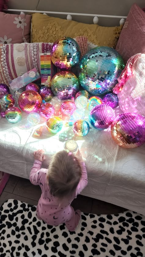 It's a Disco Party! How to Create Rainbow Disco Balls with Alcohol Inks Glitter Alcohol, Disco Ball Decor, Kid's Playroom, Disco Birthday Party, Disco Party Decorations, Disco Theme, Karaoke Party, Cowgirl Party, Ball Decorations