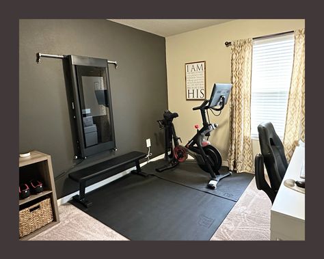 Gym And Games Room Combo, Workout Area In Office, Home Gym Library Combo, Gym Office Decor, Small Office And Workout Space, Basement Office Gym Combo, Peloton Office Guest Room, Small Gym Office Combo Work Spaces, Small Home Gym Office Combo