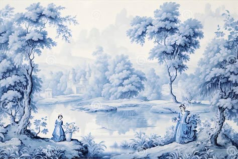 Vintage Landscape Drawing of a Beautiful European Girl Standing by a River with Trees, Flowers and Birds Surrounding Her, in Blue Stock Illustration - Illustration of frost, color: 287784593 Blue Wallpaper Landscape, Background Nikah, European Girl, Vintage Banner, Blue Drawings, Vintage Background, Landscape Background, Forest Flowers, Collage Illustration