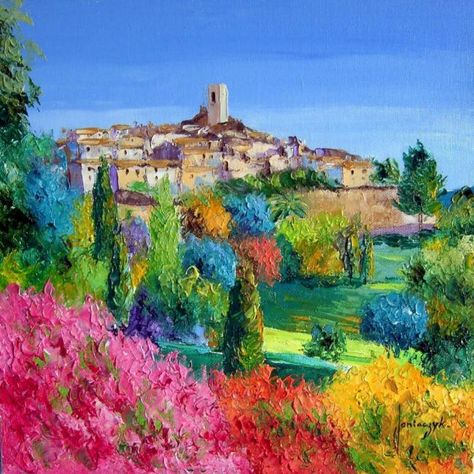 Jean Marc Janiaczyk 1966 French Landscape, Jean Marc, Art Carte, Flower Gardens, Acrylic Painting Techniques, Fantasy City, Amazing Art Painting, Art Party, Lavender Fields