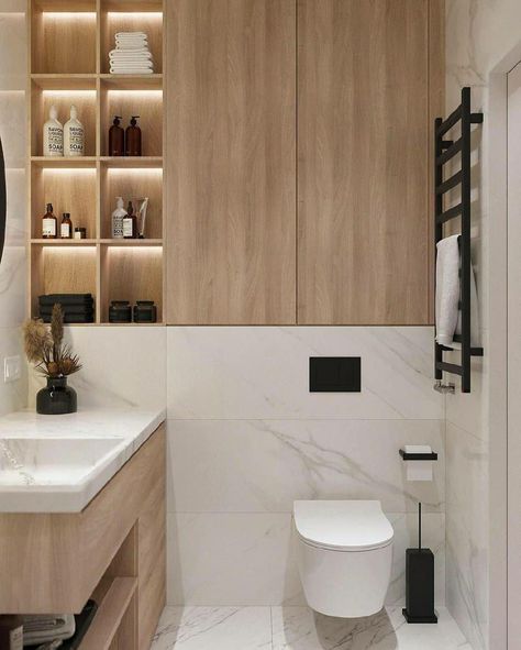 Light Wood And Marble Bathroom, Small Bathroom Ideas White And Wood, Toilet Wood Wall, White Marble And Wood Bathroom, Toilet Cabinet Design, Marble Toilet Design, Bathroom White And Wood, Wood And Marble Bathroom, Wood And White Bathroom