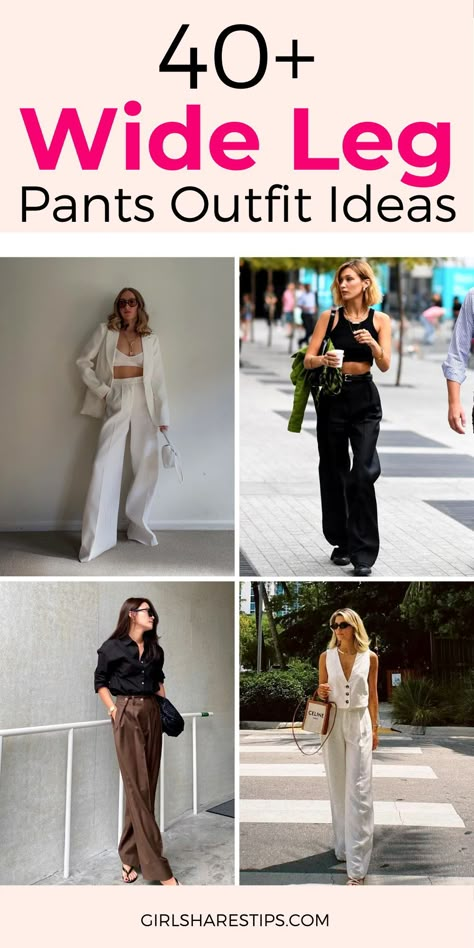 Wide Leg Pants Dressy Outfit, Wide Suit Pants Outfit, Wide Flowy Pants Outfit, Palazzo Pants Outfit Casual Sneakers, Wide Leg Trousers Outfit Casual Summer, Wild Leg Pants Outfit, How To Style A Wide Leg Pant, How To Style Wide Leg Pants Casual, How To Style Black Wide Leg Trousers