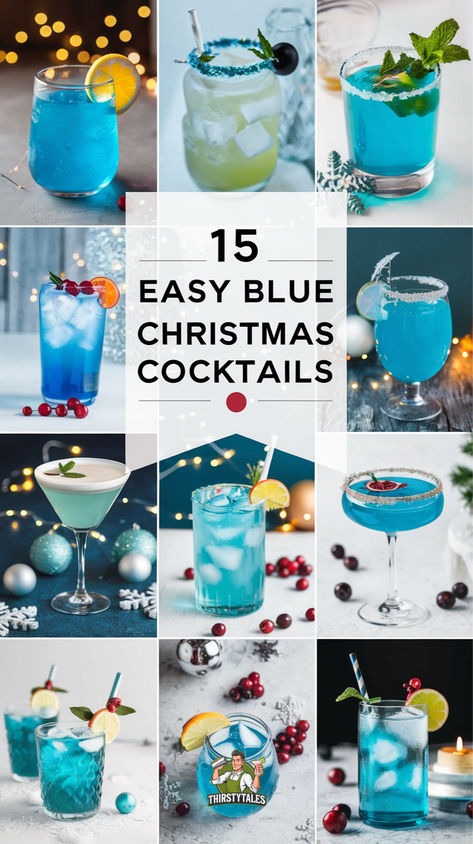 "Discover 15 easy blue Christmas cocktails that will elevate your holiday  celebrations! From festive Blue Cocktail Recipes to delightful Chanukah  Cocktails, these refreshing drinks feature vibrant blue hues perfect for  winter festivities. Try our Raspberry Vodka Drinks, or explore a variety of  Blue Curacao Drinks that are sure to impress. These easy holiday drinks are  perfect for any gathering, offering a unique twist on Christmas themed  cocktails!" Yummy Cocktails Vodka, Christmas Cocktails Vodka Blue Curacao, Blue Drinks Alcohol Recipes, Blue Cacao Drinks Cocktail Recipes, Blue Big Batch Cocktail, Blue Raspberry Cocktail, Blue Colored Cocktails, Blue Winter Drinks Alcoholic, Blue Prosecco Cocktails