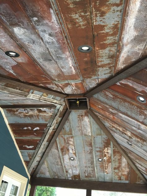 Hip cathedral with old barn tin Rustic Laundry Rooms Farmhouse Style, Tin Ceiling Ideas Rustic Bedroom, Old House Ceiling Ideas, Rusty Tin Ideas, Rusted Tin Ceiling, Old Tin Walls, Rusty Tin Ceiling, Galvanized Ceiling Ideas, Barn Ceiling Ideas