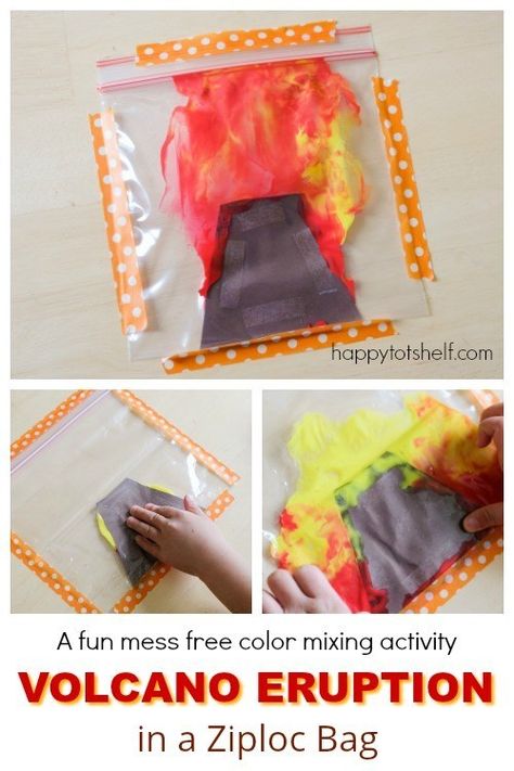 Volcano Eruption Painting in a Ziploc Bag. Mess free art for children and learn color mixing at the same time - Happy Tot Shelf  #volcanotheme #interestledlearning #handsonlearning #processartforkids Preschool Volcano, Volcano Project For Kids, Volcano Craft, Volcano Potatoes, Volcano Project, Volcano Art, Volcano Projects, Volcano Activities, Dinosaur Activities Preschool