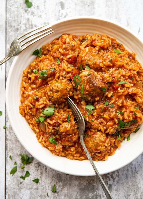 Beef Meatballs And Rice, One Pot Meatballs, Rice And Meatballs Recipes, Italian Meatballs And Rice, Rice With Meatballs, Meatball Rice, Meatballs Rice, Meatball And Rice, Rice Meatballs