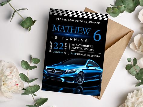 Blue Mercedes, Car Invitation, Cars Invitation, Cars Birthday Invitations, Boy Car, Car Birthday, Boy Birthday Invitations, Mercedes Car, Blue Car