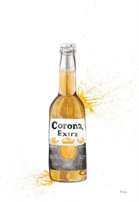 Corona beer bottle done in Bombay inks. 42cm x 29.7cm (A3) Beer Bottle Painting, Beer Bottle Drawing, Beer Drawing, Beer Painting, Bottle Drawing, Beer Art, Beer Poster, College Room, Aesthetic Board