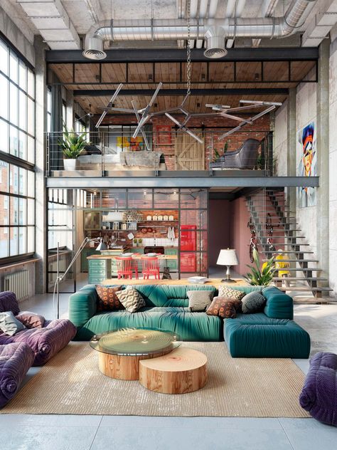 51 lofts industriels créés avec un logiciel de rendu 3D Loft Inspiration, Decor Studio, Loft Interiors, Industrial Interior Design, Decor Shabby Chic, Loft Living, Loft Design, Interior Design Magazine, Loft Apartment