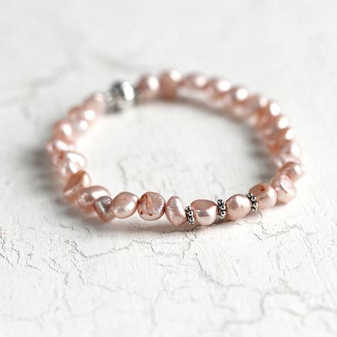 Pearl-and-pewter-bracelet June Birthday, Pearl Bracelets, Shimmer And Shine, Shimmer N Shine, June Birthstone, Pink Tone, June Birth Stone, Peach Pink, Pearl Bracelet