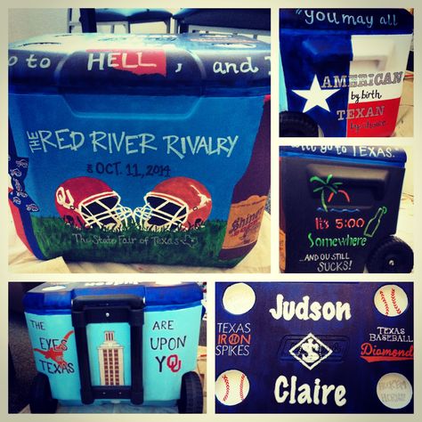 Gotta say, my Texas/OU cooler turned out pretty cool. Texas Ou Cooler, Red River Rivalry, Painted Coolers, Cooler Ideas, Frat Coolers, Cooler Painting, College Sorority, Sorority Gifts, Red River