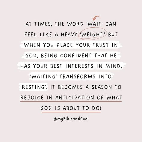 Waiting, though often difficult, can become a time of peace and joy when rooted in trust and faith in God. Instead of being burdened by uncertainty, we can rest in the knowledge that God’s plans for us are good, even if we don’t see the full picture yet. — “And we know that in all things God works for the good of those who love him, who have been called according to his purpose.” ‭‭(Romans‬ ‭8‬:‭28) — “Come to me, all you who are weary and burdened, and I will give you rest.” (Matthew‬ ‭11‬... Trust Timing Quotes, Waiting On Gods Timing Quotes, Gods Timing Quotes, Girl Read Your Bible, Trust God's Timing, Trust Gods Timing, Done With Love, Read Your Bible, As It Is In Heaven