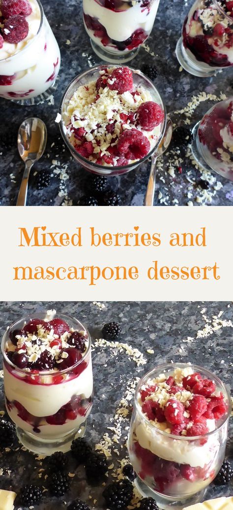 Quick, easy and delicious mixed berries and mascarpone dessert. Perfect for any time of the year. #berries #beeren #nachtisch #glutenfree #summer #dessertimglas #sommer Fresh Berry And Mascarpone Tart, Berry Fool Desserts, Easy Berry Dessert No Bake, Summer Berry Dessert Recipes, Simple Berry Desserts, Marscapone Strawberry Recipes, Berries And Mascarpone, Light Berry Desserts, Marscapone Fruit Dessert