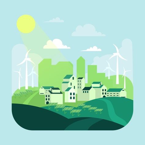 Habitat day illustration with green town | Free Vector #Freepik #freevector #city #earth #event #eco Green Building Illustration, Green Economy Illustration, Eco City Illustration, Green City Illustration, Town Illustration, Walkable City, Flat World, Eco City, City Icon