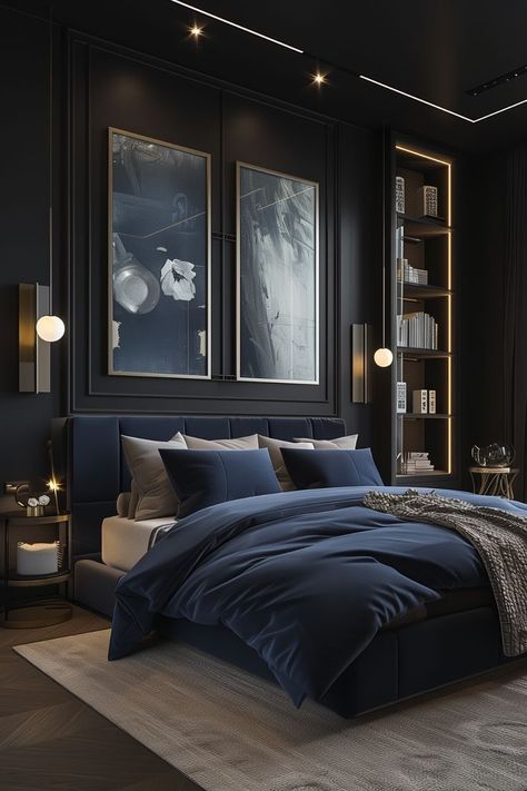 Stunning black bedroom with black walls, black ceiling, grand bed with royal blue bedding. Guess Bedroom, Black Paint Colors, Dark Blue Bedroom, Stylish Bedroom Ideas, Fall Bedroom Ideas, Dark Blue Bedrooms, Cozy Fall Bedroom, Bedroom Ideas Aesthetic, Luxury Bedroom Furniture