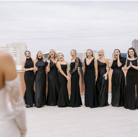 Different Bridesmaid Dresses Black, Black Bridesmaid Pictures, Black Entourage Wedding, Formal Wedding Theme Ideas, Black And Gold Bridesmaids, Black Textured Bridesmaid Dresses, Long Black Bridesmaid Dresses Mismatched, All Different Black Bridesmaid Dresses, Black Bridesmaid Dresses Different Style