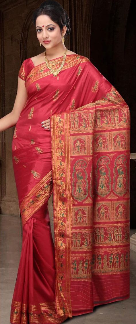 Light Red Bengal Handloom Baluchari #Silk #Saree With #Blouse @ US $177.97 Baluchari Saree Silk, Different Types Of Sarees, Phulkari Saree, Baluchari Saree, Latest Indian Saree, Of Sarees, Indian Sarees Online, Utsav Fashion, Trendy Sarees