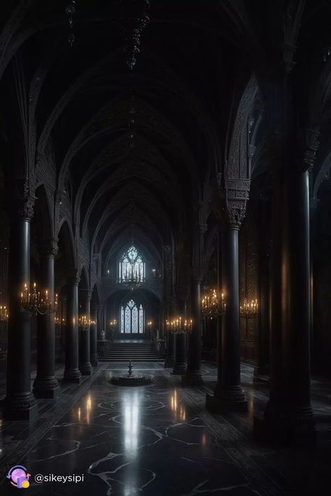 Thrown Room Castle Dark, Dark Aesthetic Castle Interior, Gothic Architecture Columns, Fantasy Castle Hallway, Gothic Castle Hallway, Fantasy Gothic Architecture, Dark Fantasy Castle Interior, Dark Fantasy Architecture, Gothic Medieval Aesthetic