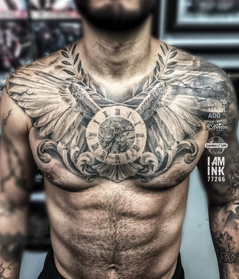 Chest To Back Tattoo Men, Chest Filler Tattoo Men, Mens Tattoo Leg Sleeve Ideas, Tattoo Full Chest For Men, Chest Armor Tattoo, Full Chest And Stomach Tattoo Men, Mens Trap Tattoo, Chest Peices Tattoos For Men, Guardian Angel Chest Tattoo Men