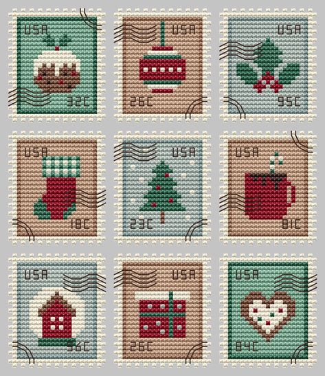 Cute Embroidery By Kate Christmas Postage Stamps Part 3 - Cross Stitch Pattern - 123Stitch Cross Stitch Christmas Ornaments Pattern, Small Winter Cross Stitch Patterns, Diy Cross Stitch Christmas Ornaments, Cross Stitch Mini Christmas, Cross Stitch Winter Patterns, Wood Cross Stitch, Cross Stitch Ornaments Christmas, Christmas Embroidery Cross Stitch, Christmas Cross Stitch Ideas